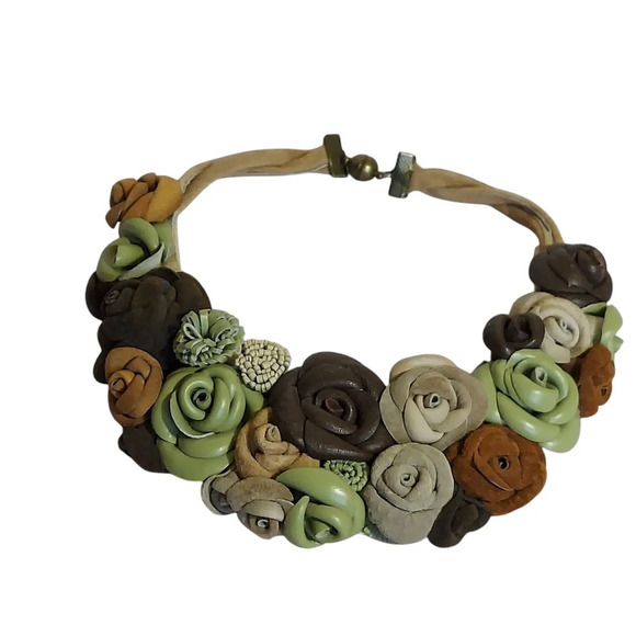 Artisan Leather Suede Floral Choker Green Brown Tan Flowers Magnetic Closure - Picture 13 of 14